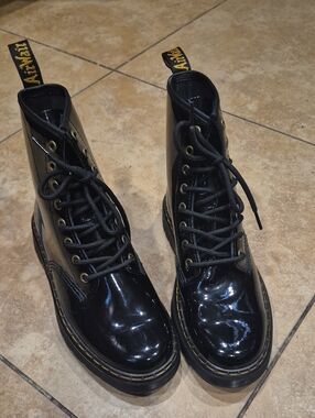 Dr. Martens Black Patent Leather Lace-Up Boots with Yellow Stitching